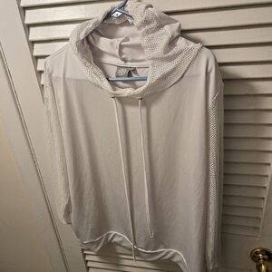 Daisy Fuentes White Hooded Long Sleeve Top with Mesh Arm Details